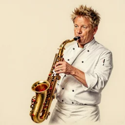 hyper detailed ultra - realistic pencil illustration of chef gordon ramsay playing a spicy saxophone made of habanero chillis in front of the masterchef audience, his face contorted in pain, trending on artstation, award winning, colourful
