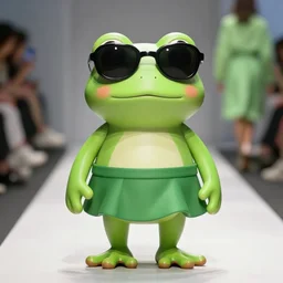fashion show with a cute smiling green tree frog with sunglasses dressed in a green skirt, photo realistic, matte image