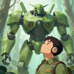 close up pilot, looking up at giant humanoid plant mech, forest, key art, sharp lines, towering above a small person, aesthetic, anime, trigger, shigeto koyama, hiroyuki imaishi