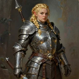 Boldara the female dwarf. A noble dwarven warrior and blacksmith wearing iron breastplate. Chubby plump body. complex blonde braided hair. Fantasy concept art. Moody Epic painting by James Gurney, and Alphonso Mucha. ArtstationHQ. painting with Vivid color. (Dragon age, witcher 3, lotr)