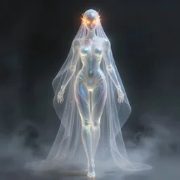 translucent iridescent cyborg with flaming eyes, veiled in mist, full body, heroic lighting, dark fantasy, intricate, elegant, highly detailed, lifelike, photorealistic, digital painting, artstation, illustration, concept art, smooth, sharp focus, art by John Collier and Albert Aublet and Krenz Cushart and Artem Demura and Alphonse Mucha