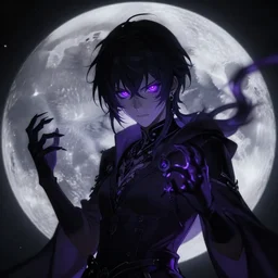 a guy with purple eyes, completely dark aura, with black. magic powers, he's on the moon