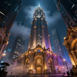 a photorealistic 8 k photo view street in the night, skyscrape, mist, clouds, some cyber punk, low angle perspective, rococo, vibrant, volumetric lighting and photorealistic color | ultradetailed futuristic design, digital art, hyperrealistic photo, trending on artstation, high resolution, hd, 3 d art, barocco texture