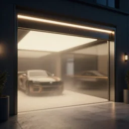 a luxury garage, vray rendering. lightning, cinematic lighting, fog. john berkey, lisa frank, and paul gustav fischer. depth blur in background.