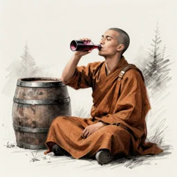 minimalist sketch of a monk drinking wine next to a barrel