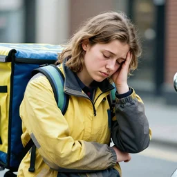 hyper detailed bright photograph of a tired delivery girl by don mccullin, color, dslr