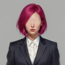 a digital painting of a woman in a suit, with short magenta hair, face covered, a character portrait by artgerm, trending on artstation, fantasy art, ilya kuvshinov, artstation hd, artstation hq