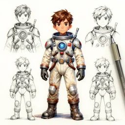 color pen and ink and pencil sketch character concept design game asset of sketches watercolor of a young boy scientist wearing a home made 1950s style science fiction retro space suit by Stanley Artgerm Lau, WLOP, Rossdraws, James Jean, Andrei Riabovitchev, Marc Simonetti, and Sakimichan, tranding on artstation , assets, character design, tending on pinterest, trending on cgtalk, trending on concept art, trending on character design
