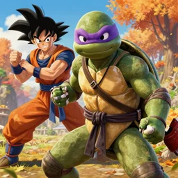 an epic fantasy comic book style portrait painting of a teenage mutant ninja turtle fighting son goku, studio ghibli, unreal 5, daz, hyperrealistic, octane render, cosplay, rpg portrait, dynamic lighting, intricate detail, harvest fall vibrancy, cinematic