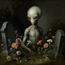still life portrait of surreal alien at graveyard covered with surreal alien flowers by hieronymus bosch, trending on artstation artgerm, beautiful baroque painting, chiaroscuro, volumetric cinematic perfect light, beautiful detailed octane render by raphael, rutkowski, caravaggio, beksinski