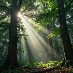 an enchanted wood with suns rays shining through the leaves, mist and rain