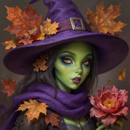 cute witch with green skin wearing a purple scarf, intricate, autumn leaves and strong bloom, detailed, volumetric lighting, sharp focus, photorealism, digital painting, highly detailed, concept art, by artgerm and wlop