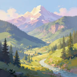 Peace valley landscape wonderland  pastel beauty Digital painting artstation by Krzysztof Maziarz   cinematic lighting comic book illustration, by John Kirby