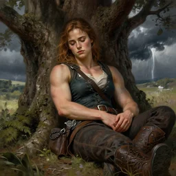tired Maisie Williams taking a rest under a tree after an long adventure a ruggedly muscled handsome heroine, intricate, elegant, highly detailed, centered, digital painting, artstation, concept art, smooth, sharp focus, illustration, artgerm, donato giancola, Joseph Christian Leyendecker, WLOP, Artgerm, thunder storm