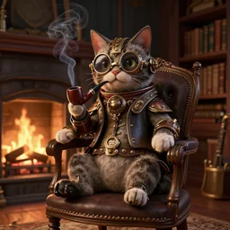 a 3 d render of steampunk cat sits in a chair in front of a fireplace in a book lined room and smokes a pipe, high realistic, high detailed, octane render