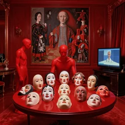 only with red, a red human, a table with ten masks with different personalities and expressions, luxury room with monitor, in the style of beksinski, parts by edward hopper, parts by rodcenko, parts by yue minjun, intricate composition by bosch, red by caravaggio, insanely quality, highly detailed, masterpiece, red light, artstation, 4 k