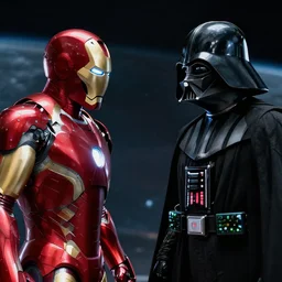 a duel between iron man ( left ) and darth vader ( right ), in space, shot on alexa, 3 5 mm cooke, still from a movie, trending on hollywood reporter, realistic, cg render, roger deakins