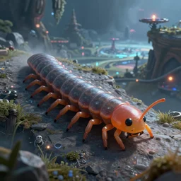 a space centipede that travels the universe autonomously, a fantasy magical landscape seen in the distance, atmospheric lighting, intricate, volumetric lighting, beautiful, sharp focus, ultra detailed, in the art style of marc simonetti, bowater charlie and brom gerald, astrophotography