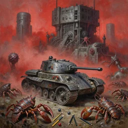 fine art oil painting pencils varied muck jeweled, filthy rugated armored crustaceans clawing & wheel driven, panzers, massive brutalist structures, claustrophobic cilia sporing pox, final battle failure, red mustard gas fog, by alex nino by francesco blanc, geof darrow, bisley, b wolverton, jack gaughan high resolution, hyper