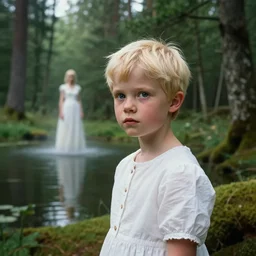 setting is a danish summer forest, emma is a white cute 3 0 - year - old danish female blonde pixie and is wearing a white 1 7 0 0 s dress, setting contains a magical lake and the fairy rising up from it is emma, folklore atmosphere, realistic face details, photography style like diane arbus, by diane arbus, breathtaking, 8 k resolution, extremely detailed, beautiful, establishing shot, artistic, hyperrealistic, beautiful face, octane render, cinematic lighting, dramatic lighting, masterpiece