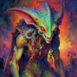 A psychedelic angry sorrowsworn neothelid, vibrant color scheme, highly detailed, in the style of romanticism, cinematic, artstation, Moebius, Greg rutkowski