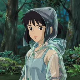 Cinestill 50d, 8K, highly detailed, studio ghibli mononoke style 3/4 extreme closeup portrait, eye contact, focus on clear transparent raincoat model, tilt shift zaha hadid style forest background: famous mononoke remake, forest scene