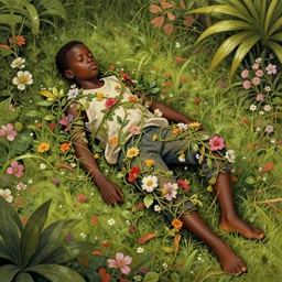 african boy lying down in a garden - wrapped in flower vines, art by james jean, sharp, detailed, digital painting, illustration, intricate detail, pinterest, behance, art station,