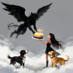 dark angel throwing a yellow - pink - black birthday cake from the clouds onto a girl with two dogs, digital art