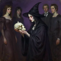 a witch with ruby eyes, stares at a cat skull in her hands. she wear a long dark robe. painted by regis loisel and enki bilal and tony sandoval and oliver ledroit. oil painting.