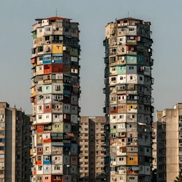 close - up view of symmetrical long towers made up of colourful squatter shacks and brutalist buildings, faded colours, plain uniform sky, mamiya, very detailed, photographed by cristina de middel
