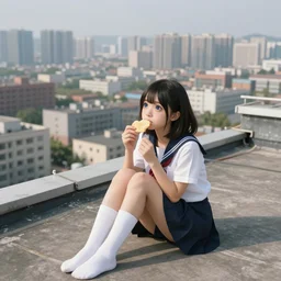 realistic detail, | girl sitting on a rooftop, cute kawaii girl, wearing skirt and high socks, having a snack, looking up, magic eyes | , digital art, concept art, best of 2023 on artstation style, simulation, structure, fine, wide angle, natural light, volumetric, | behind is a large scale city|