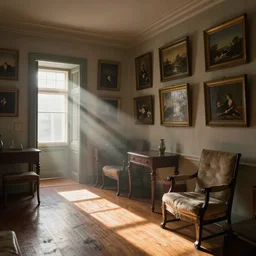 inside a 1 9 th century home, morning, lots of framed art hanging on the walls, polished wood floor, rays of light, dust, antique furniture, photorealism, by vilhelm hammershøi