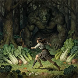 A Girl warrior in a dark forest chassing by geants vegetables. By James Jean, By Gustave Doré. Trending on artstation