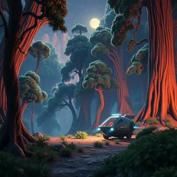 a wholesome animation key shot of a space ship parked near a weird forest on a strange alien planet by studio ghibli, animation, sharp, rendered in unreal engine 5, focused, anime key art by greg hildebrant, bloom, dramatic lighting