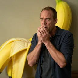 fearful dexter morgan next to human sized banana, photo quality