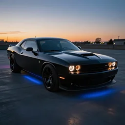 black modern muscle car with blacklight underneath