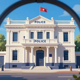 Neoclassical Police station, illustrated by Greg Rutkowski and Gaston Bussiere, 35mm lens, beautiful macro close-up imagery, vibrantly lush neon lighting, beautiful volumetric-lighting-style atmosphere, a futuristic atmosphere, intricate, detailed, photorealistic imagery, trending on artstation, 4k, 8k