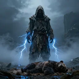 character design, high fantasy druid, tattered hood, bear rug, blue lightning, blue mist, fog, scary, photorealistic, cinematic, hyper realistic, octane render, 8 k, wide angle