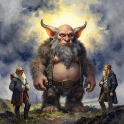watercolor painting of scandinavian troll, magical, ambient lighting, art by hans gude, art by hans dahl, by jesper ejsing, art by anders zorn, wonderful masterpiece by greg rutkowski, cinematic light, american romanticism by greg manchess, creation by tyler edlin, heavy clouds and sun