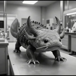giant mutant axolotl escaping from a secret government lab, black and white, leaked cctv footage