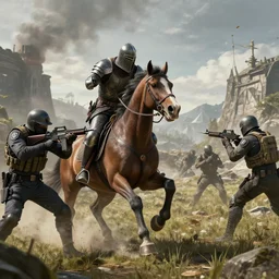 a knight riding a horse fighting a fully armed swat h [ patrol, swords vs guns, call of duty modern warfare army rangers fighting elden ring tarnished
