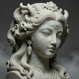 a sculpture of mythical creatures by hannah yata, elegant and beautiful female face with her third eye open, carved in stone, intricate, elegant, highly detailed, digital painting by audrey kawasaki, artstation, concept art, ambient occlusion, smoke, foggy vray render,