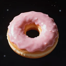 Big donut with pink glaze floating in outer space, 35mm photograph,