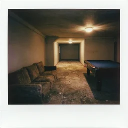 polaroid photograph of a new finished dimly lit basement of a middle class home with a couch and a pool table in the corner at night, empty, light from upstairs, warmly lit, massive long twisting hallways, strange architecture, dark, clean, haunting, creepy, void, liminal, backrooms