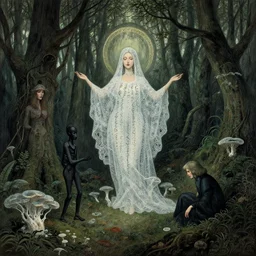 forest, artstation, by aubrey beardsley, by ben enwonwu, by caspar david friedrich, by hieronymus bosch, by ivan shishkin, calligraphy, divine, paradox, array, translucent, lace, mycelium, as symbol of soul journey, terrifying wilderness, witchcraft, hope