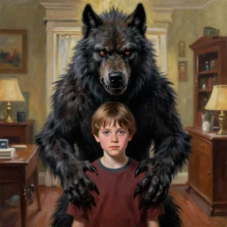 realistic portrait beautiful painting from scene in home alone movie, when human mutate into a berserk werewolf. horror, created by thomas kinkade and gustave courbet.