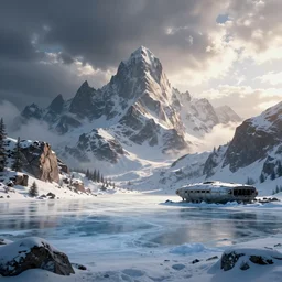 beautiful render of a winter landscape, unreal engine, first light, majestic mountains, frozen lake, snow, dramatic clouds, abandoned alien ship, soft light, by greg rutkowski, cgsociety