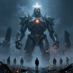 a realistic detail of a lonely world, huge giant guardian statue, abandoned, shining star, the born fire, SCP, traveller, raining, mist by Leonardo Calamati, wlop, Dylan cole, Erak note, Denis Villeneuve, Ben Nicholas, Anton Fadeev, thomas kinkade, rutkowski, Finnian MacManus, Syd Mead, Trending on artstation, blue and black scheme, 8k, Unreal Engine
