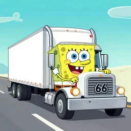 SpongeBob SquarePants driving a semitruck down Route 66