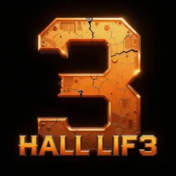 Half Life 3 Logo, grainy, cracked, gradient, detailed, very detailed, heavily detailed, intricate details, intricately detailed, digital art, trending on artstation, 3D, studio quality lighting, dramatic lighting HD Quality, 4k resolution, 8k resolution, black background, Half Life 3 Logo is orange and is in the foreground, Realistic, Shiny Lighting, Shiny